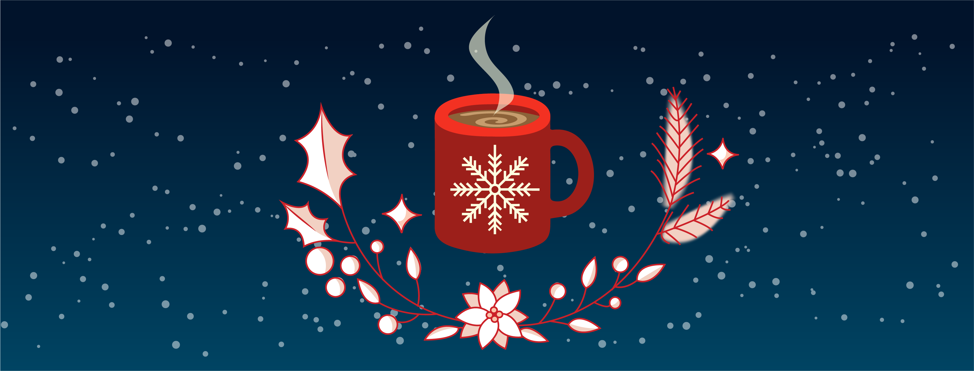 Digital art banner of a red cup of steaming hot chocolate. Underneath the cup are winter decorative plants and vines. The background is a dark to navy blue gradient with gentle snowflakes.
